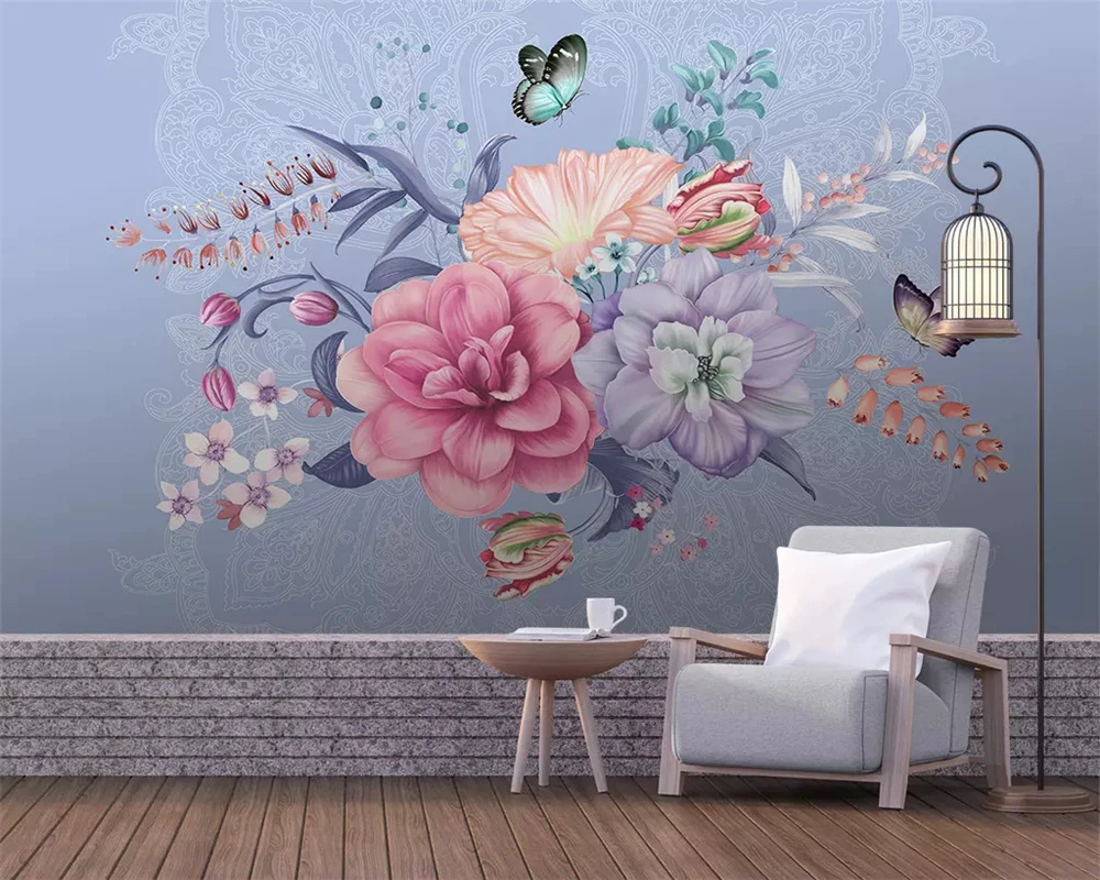 

beibehang Custom fashion wallpaper Nordic minimalist hand-painted flower butterfly marble pattern background painting wall paper