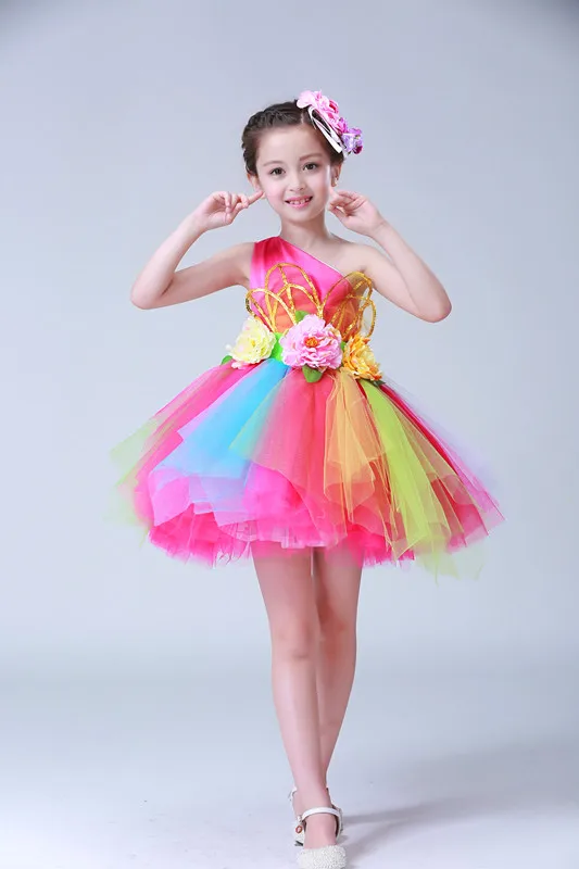 Colorful flowers standart salsa dance dress for girls Sexy modern dance costume for girls dance wear childrens kids competition