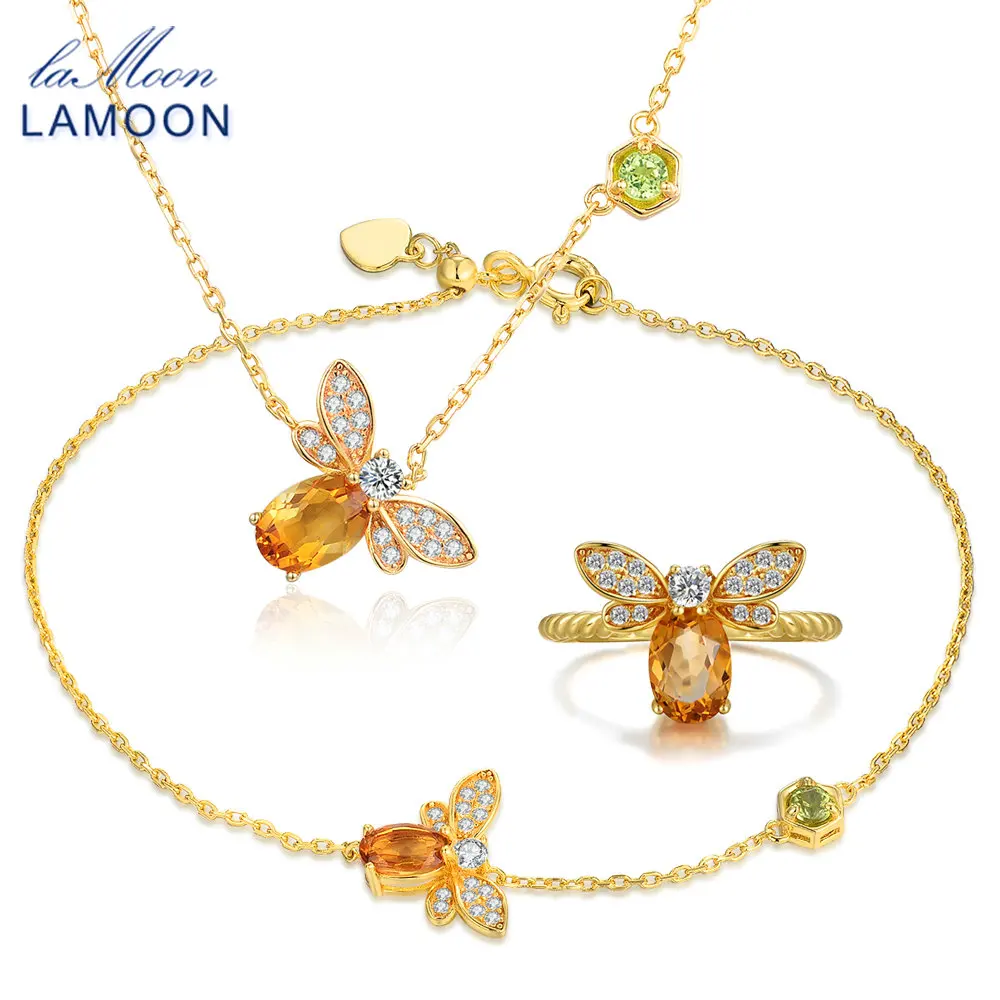 

LAMOON Special Bee Design Jewelry Set Bracelet Ring Necklace Set 100% Natural Citrine 925 Sterling Silver Fine Jewelry V027-1