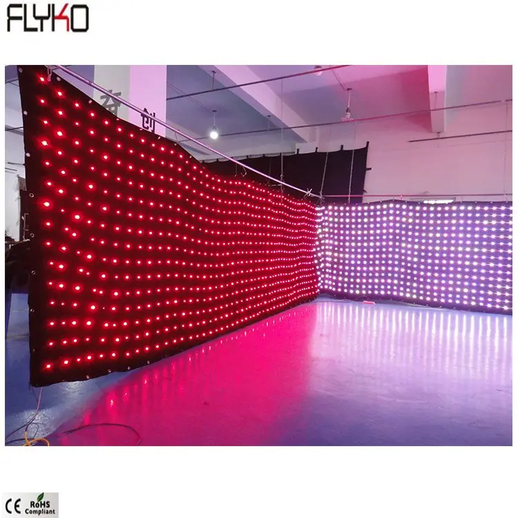 Flyko great fireproof full color velvet double deck  LED stage curtain P100mm 2x17m LED Video curtain flexible stage