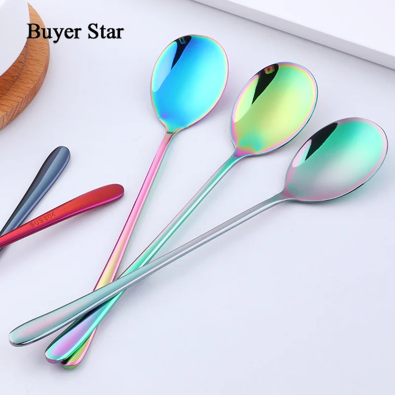 Buyer Star Colorful Coffee Spoon 304 Stainless Steel Long Handle 5 Color Korean Mixing Spoons Set Dessert Long Ice Kitchen Scoop