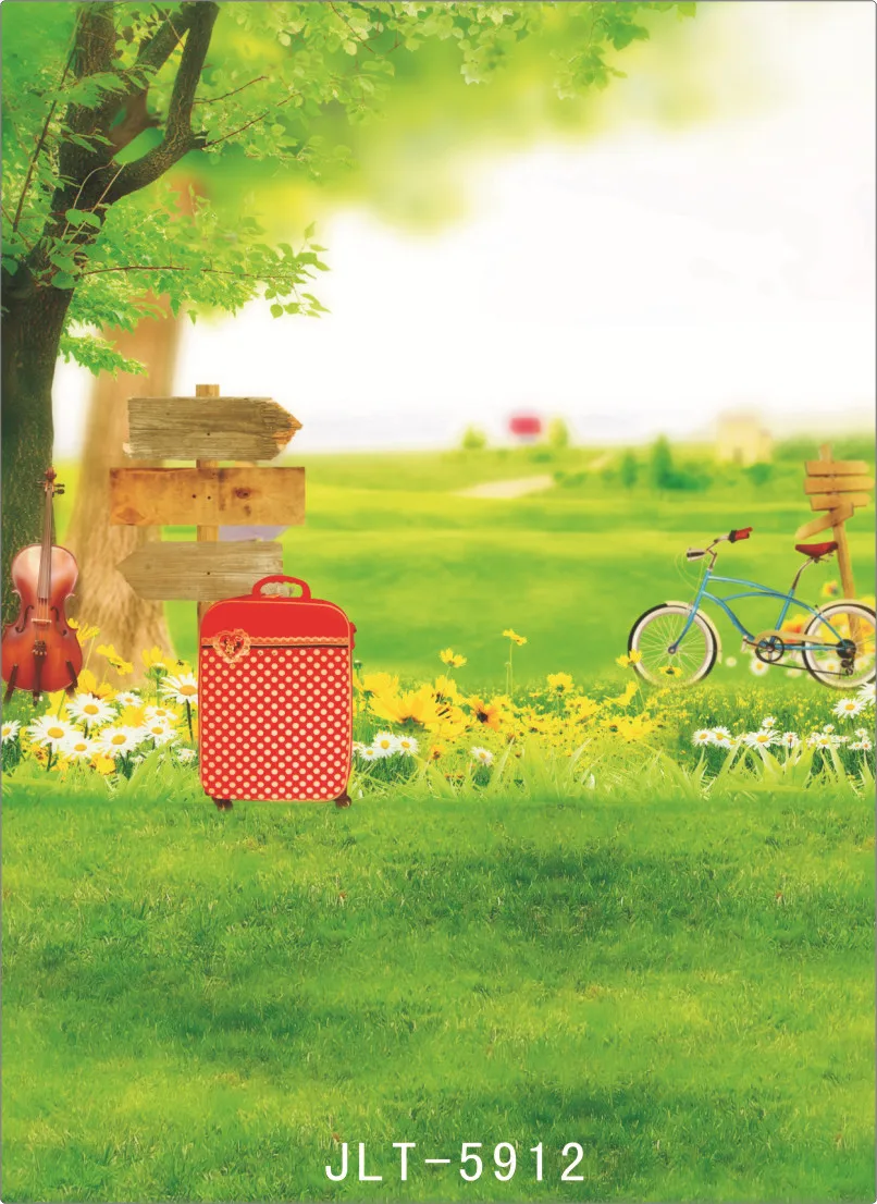 Photography Background Spring Grassland Suitcase Customized Computer Printed Photo Backdrop for Photo Shooting Wedding Children