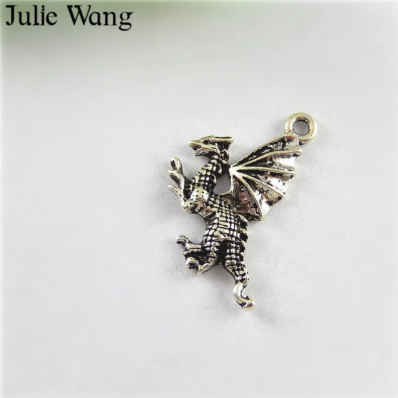 Julie Wang 20pcs Alloy Dragon Charms Antique Silver Color For Necklace Pendants Findings Jewelry Making Hanging Accessory