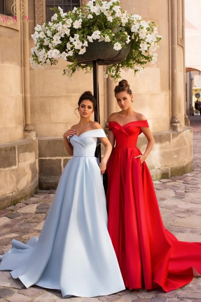 Elegante Ice Blue Avondjurken 2023 Satin Off Shoulder Rood Een Lijn Sweep Trein Eenvoudige Pleats Prom Formele Gowns Abendkleider