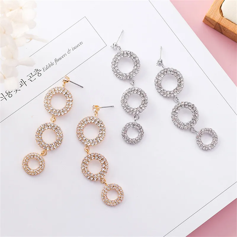 LUBOV Shining Crystal Rhinestone 3 Round Hoops Pendant Dangle Earrings Geometric Round Circle Drop Earrings Women Jewelry Gift