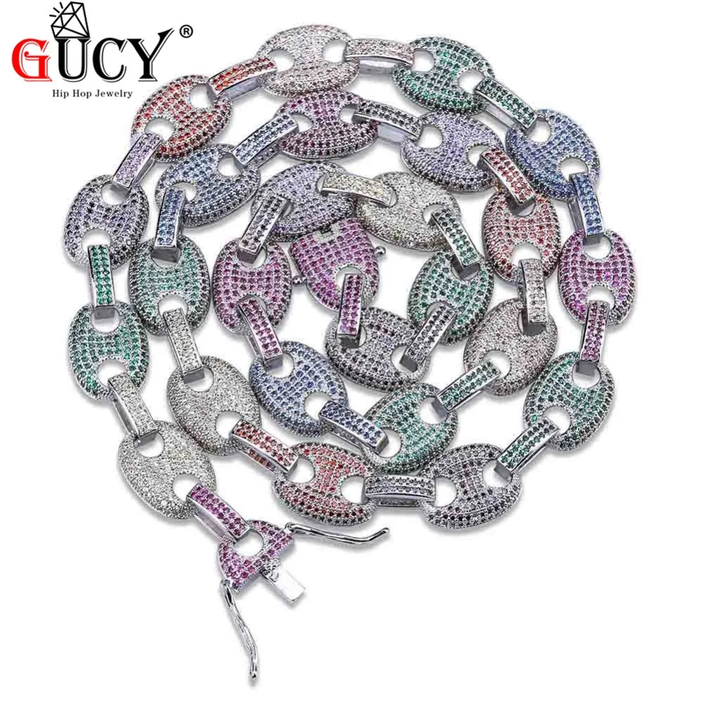 

GUCY Hip-hop Men's Rainbow Necklace Micro Pave Multi CZ Stones 11mm Oval Link Chain Necklaces For Gift