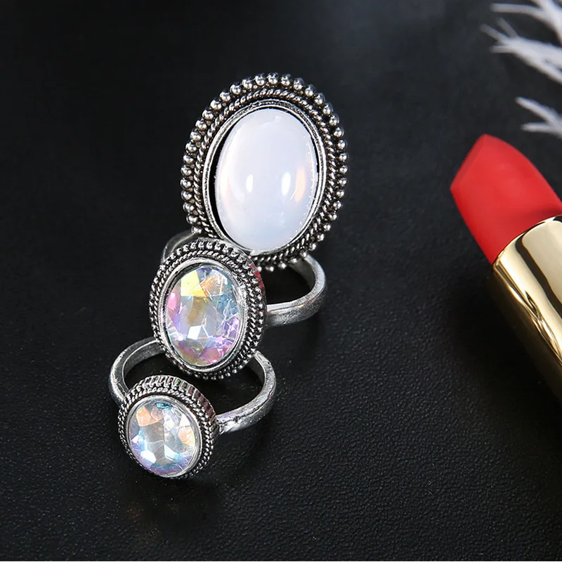 BOHO Big Opal Stone Colourful Midi Rings Set For Women New Design Retro Silver Color Vintage Finger Knuckle Ring Set Jewelry