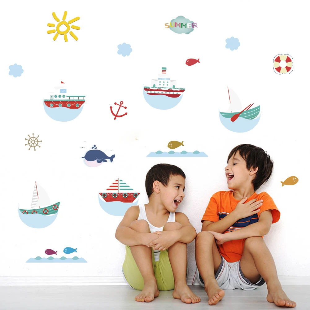 Seabed Fish boat Wall Sticker Cartoon Wall Sticker For Kids Rooms Bathroom Home Decor Nursery quarto Decals Poster