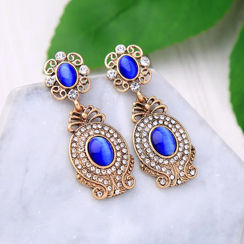 Fashion Crystal Opal Stone  Earrings Rhinestone Inlaid Geometric Gold Color Metal Earrings Women Wedding Jewelry 2018