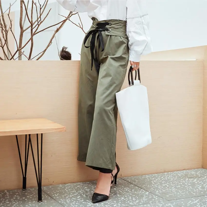 

Fashion brand bandage stitching wide leg pants female England style high waist was thin longer pants with belt wq2109