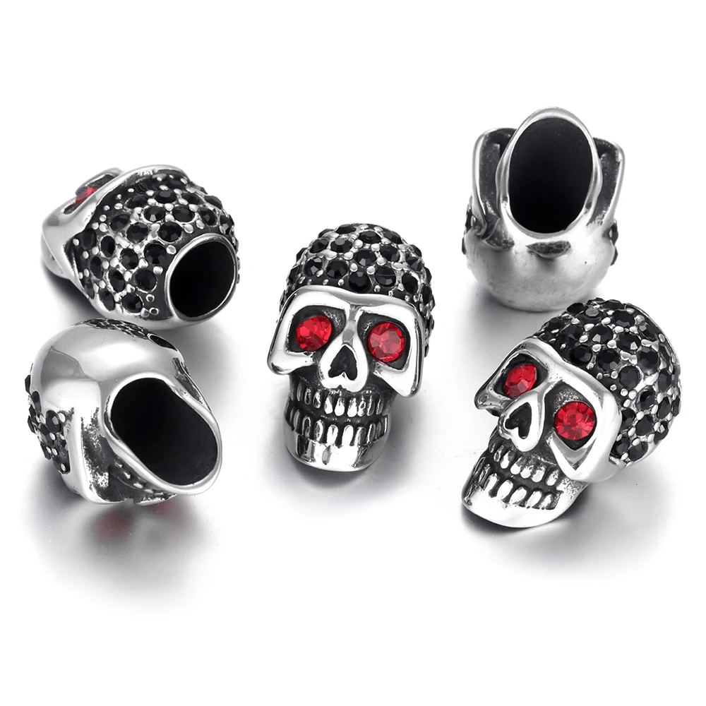 Stainless Steel Beads Red Eye Skull Rhinestone Metal Large Hole 6mm Slider DIY Men Bracelet Punk Jewelry Making Supplies
