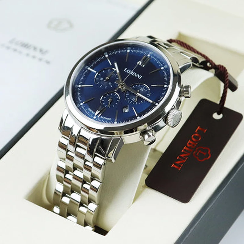 LOBINNI ساعة رجالي الأعمال 50 متر مقاوم للماء حزام الصلب متعددة الوظائف كرونوغراف الهاتفي كوارتز ساعة معصم الرجال الياقوت L3605