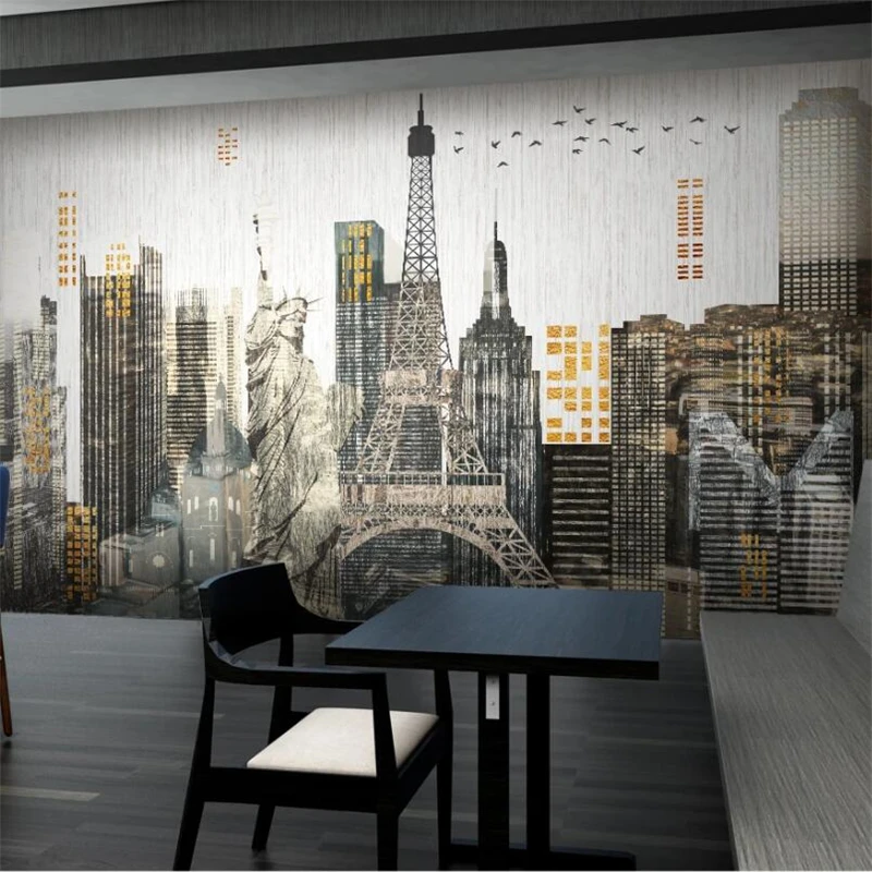 wellyu Modern minimalist hand-painted city building Liberty goddess tower line background wall custom large mural wallpaper