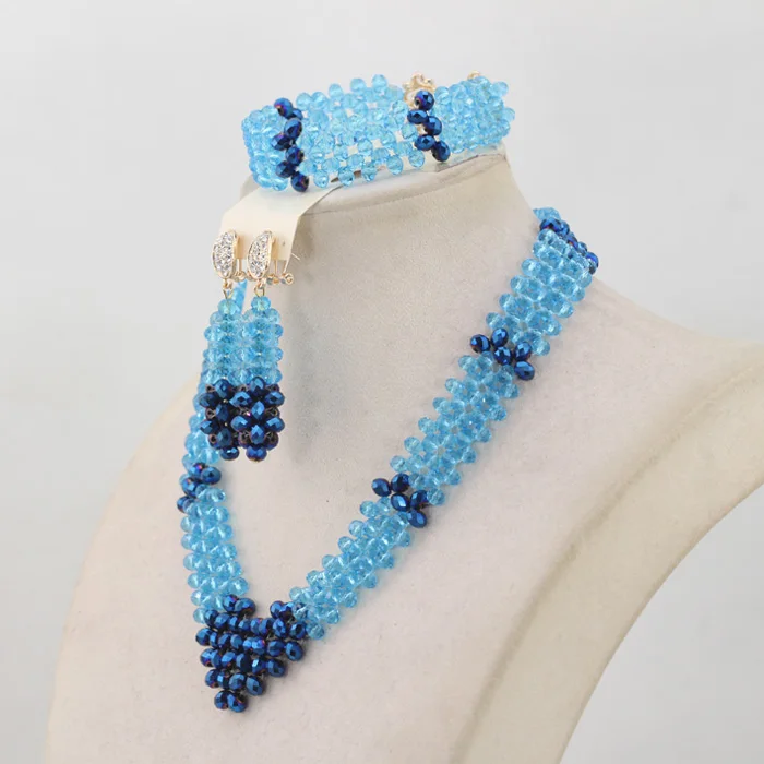 Gold Costume Nigerian Wedding African Bridal Jewelry Set Trendy Heart Sky Blue Crystal Jewelry Beads Set Free ShippingABL978