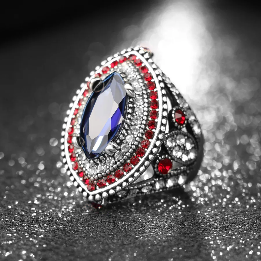 2020 New Fashion Blue Big Rings For Women Silver Color Mosaic Red Crystal Vintage Wedding Ring Jewelry