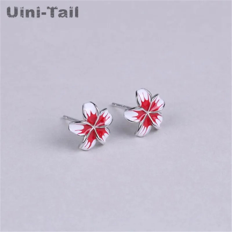 Uini-Tail Hot Sweet Red Cherry Blossom Stud Earrings 925 Tibetan silver Earrings Glazed Romantic Flowers New Small Fresh ED163