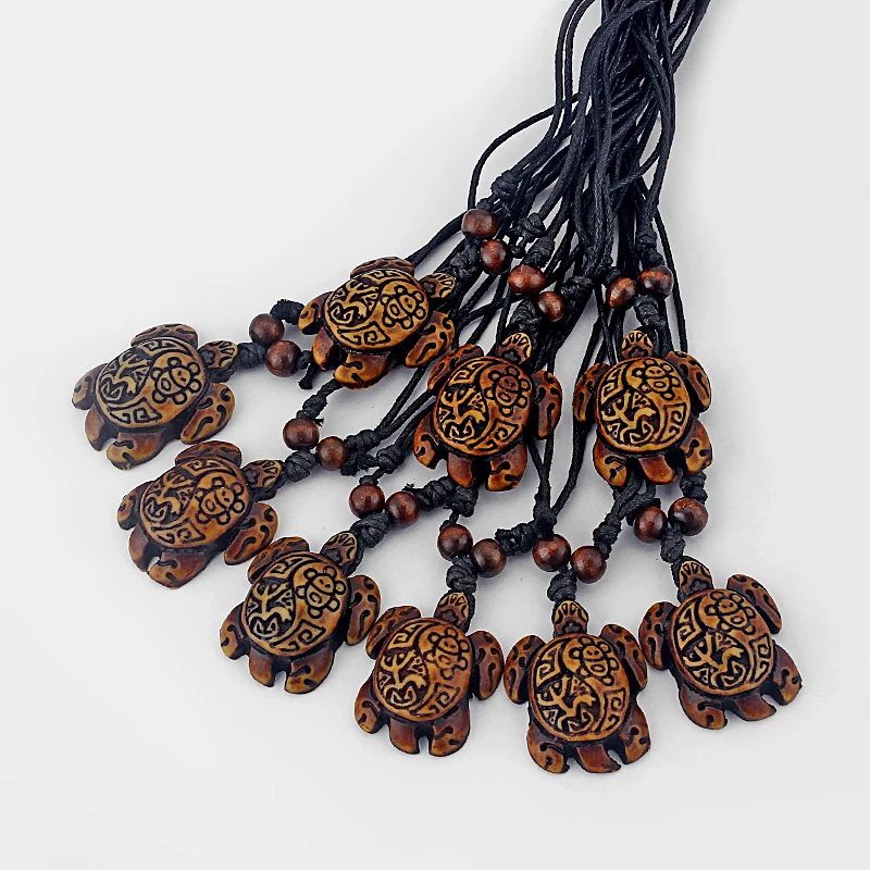 12pcs Boho Ethnic Tribal Imitation Yak Bone Dark Brown Taino Turtle Frog Pendant Surfer Necklace For Women men