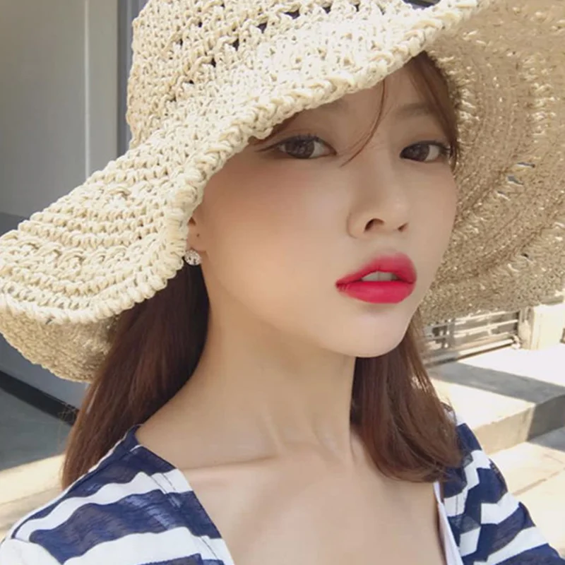 

Foldable Straw Hat New Parent-child Loose Hand-woven Crochet Hats Female Summer Fashion Holiday Vacation Beach Visor Caps H091