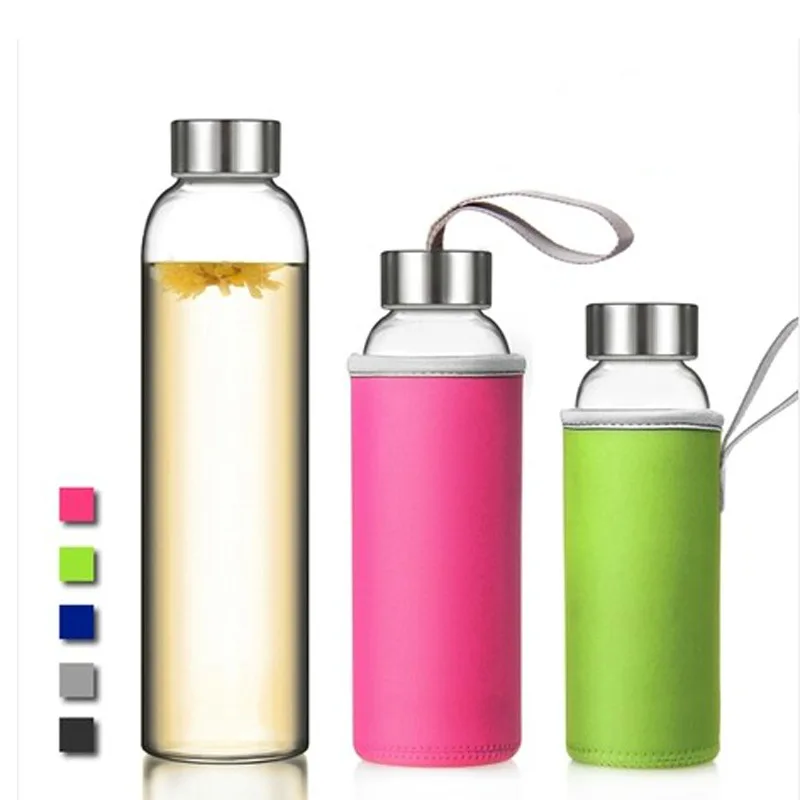 UPORS Glass Water Bottle 280ml/360ml/550ml Sport Bottle with Stainless Steel Lid and Protective Bag BPA Free Travel Drink Bottle