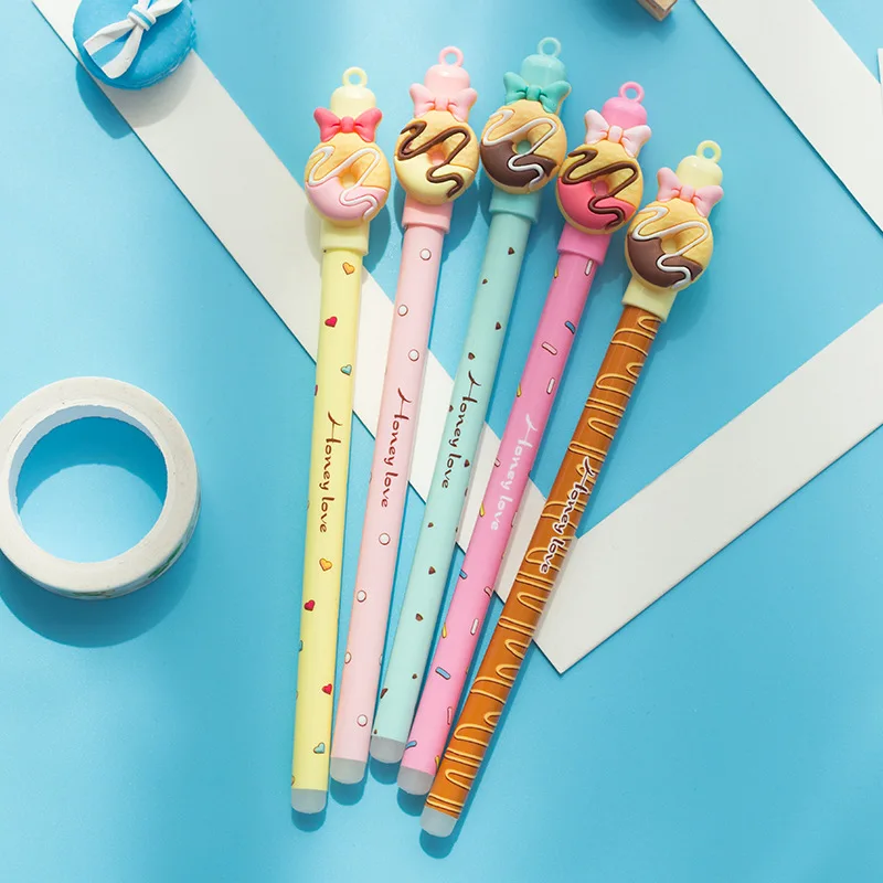 Stylo Gel effaçable Kawaii à pointe bleue 0.5mm, 1 pièce, avec nœud Donut, recharge, stylo magique, papeterie pour étudiant, vente en gros