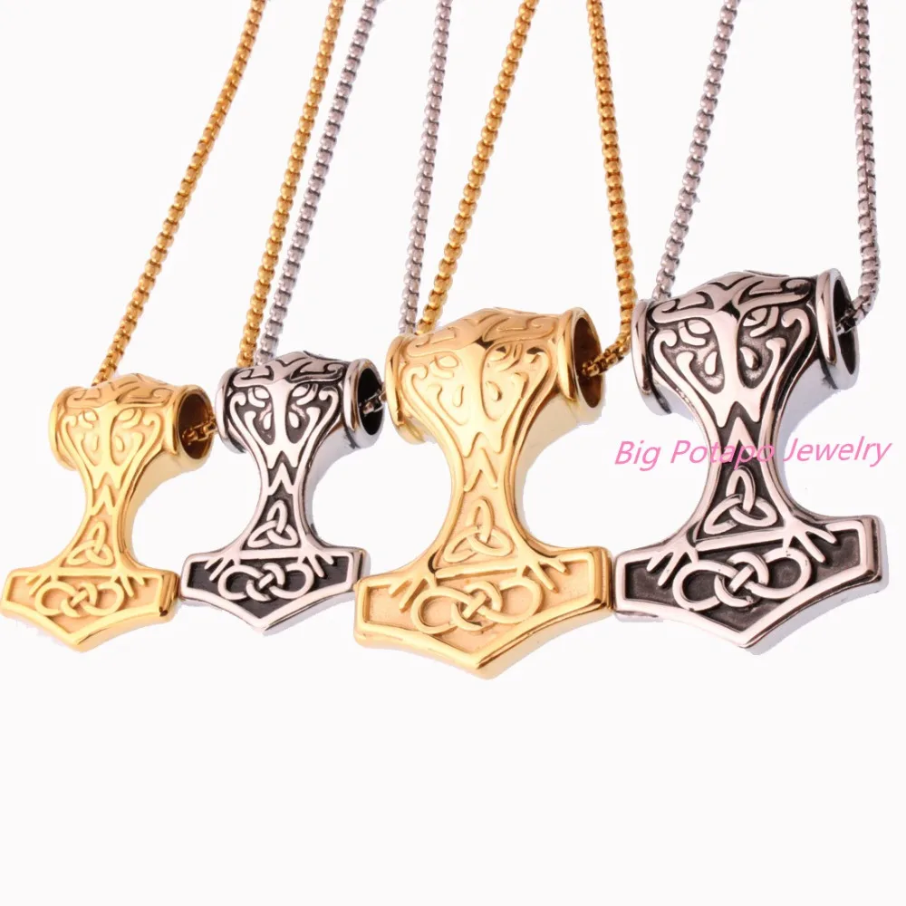 Two Size Punk Stainless Steel Mens Silver Color Black Color Pendant Necklace Jewelry Knot Myth Mjolnir Thors Hammer Wholesale