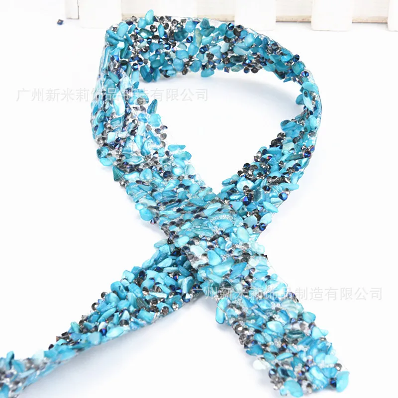 2M Sky Blue Beads Lace Ribbon Clothes Collar Decor Sewing-on Rhinestone Patchwork Clothing For Dress Hot Fix Lace Trim Applique