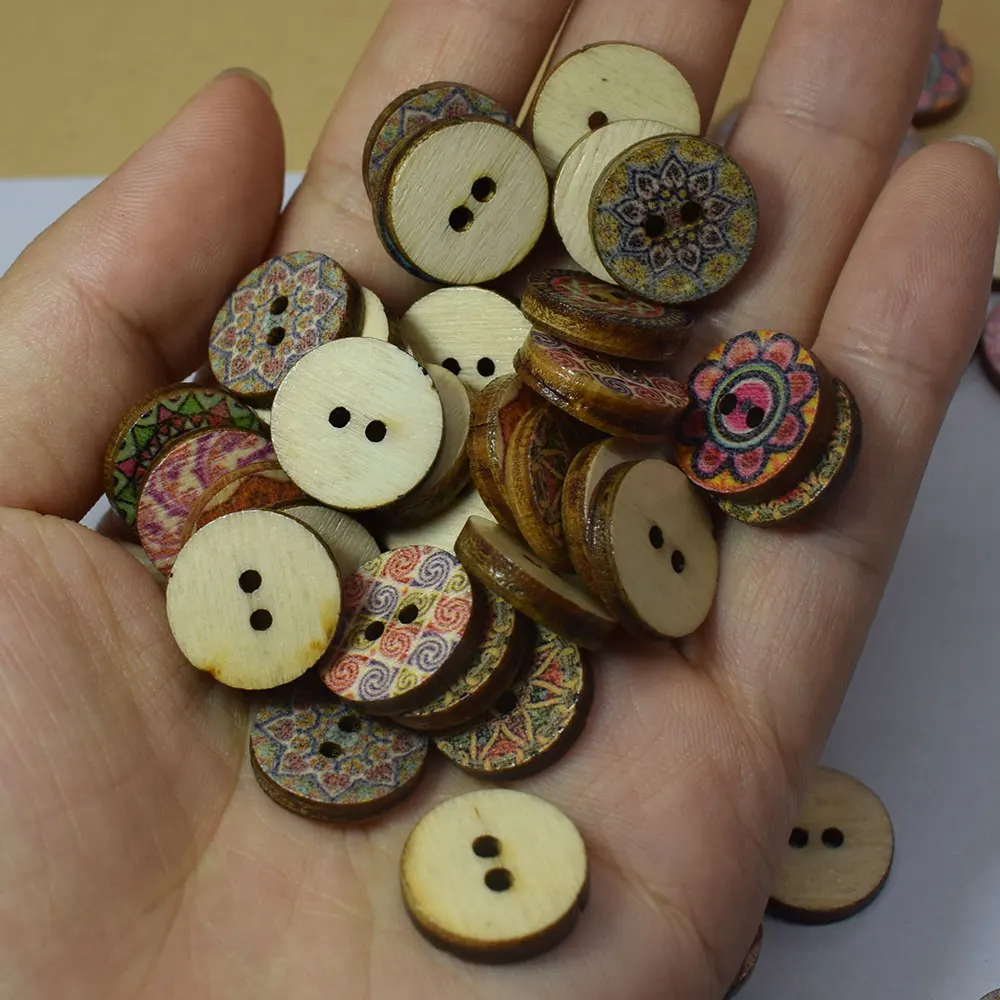 100PCs Wooden Buttons Multicolor Pattern Painting Sewing Buttons Round Scrapbooking Crafts 15/20/25MM