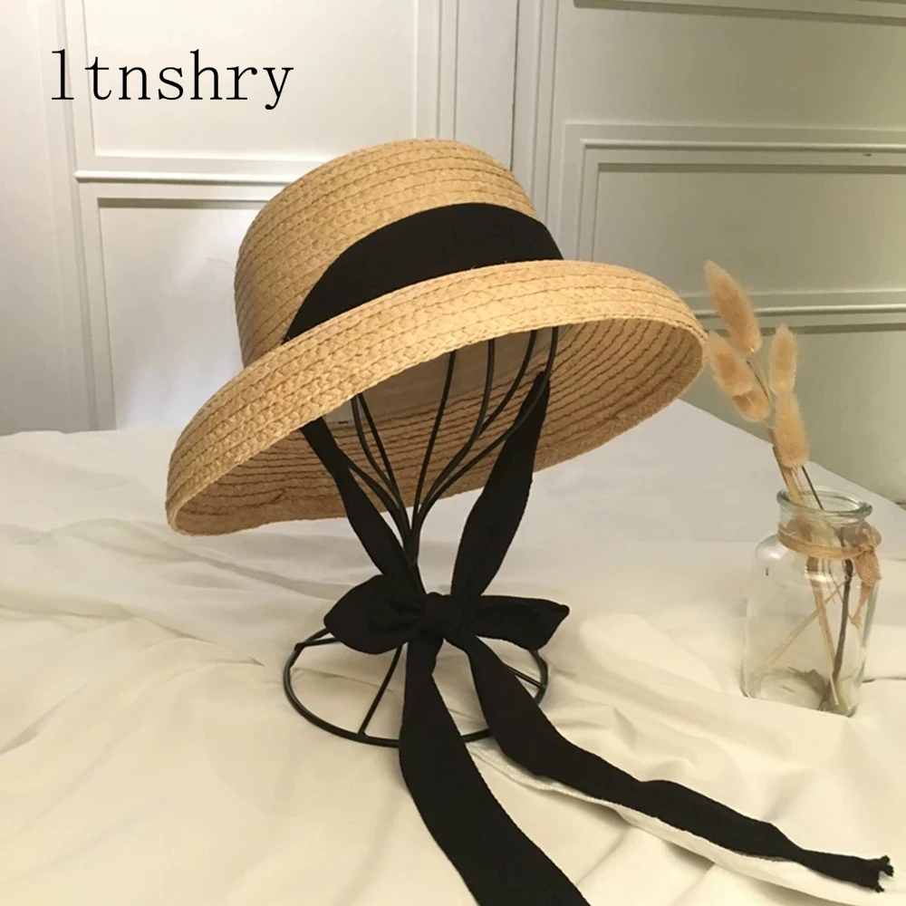 New fashion women\' Summer sun hat Handmade Raffia cap Visor Ribbon hat Wide side Travel vacation Beach hat Elegant lady seaside