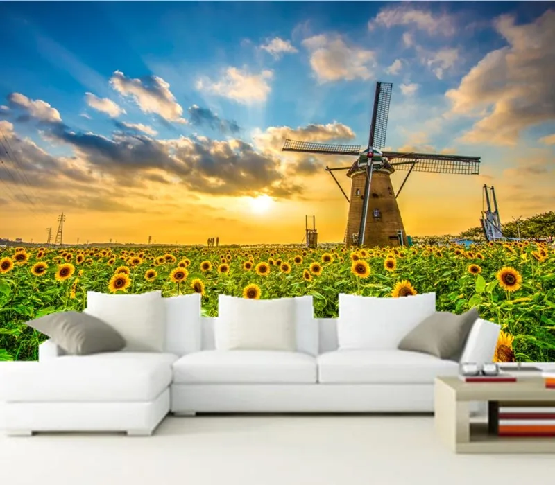 Custom 3D murals,Scenery  Fields Sunflowers Sunrises and sunsets  wallpapers,living room sofa TV wall bedroom papel de parede