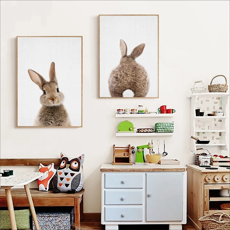 Bunny Rabbit Canvas Painting Woodlands Nursery Decor Animal Picture Rabbit Wall Art Prints Modern Baby Room Decoration
