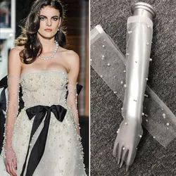 JaneVini guanti da sposa in Tulle trasparente da 50CM guanti da sposa lunghi fai da te per la sposa decorazione di perle avorio guanti da festa nuziale senza dita