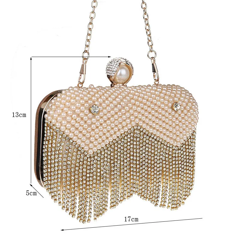 JaneVini Luxury Rhinestones Tassel Handbags Women Bags Designer Pearl Wedding Clutch Bag With Chain Party Bridal Ladies Handbags