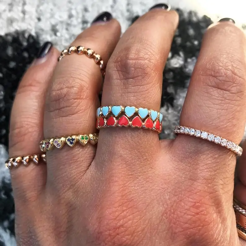 

Cute lovely enamel heart band ring Gold color pink blue red colorful women lady fashion