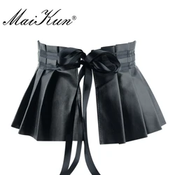 A pieghe del Vestito Dalla Fasciatura Cinghie Larghe per le Donne Del Cuoio Del Faux Elastico In Vita Elegante Foglia di Loto di Alta Cintura In Vita Cintura Femminile