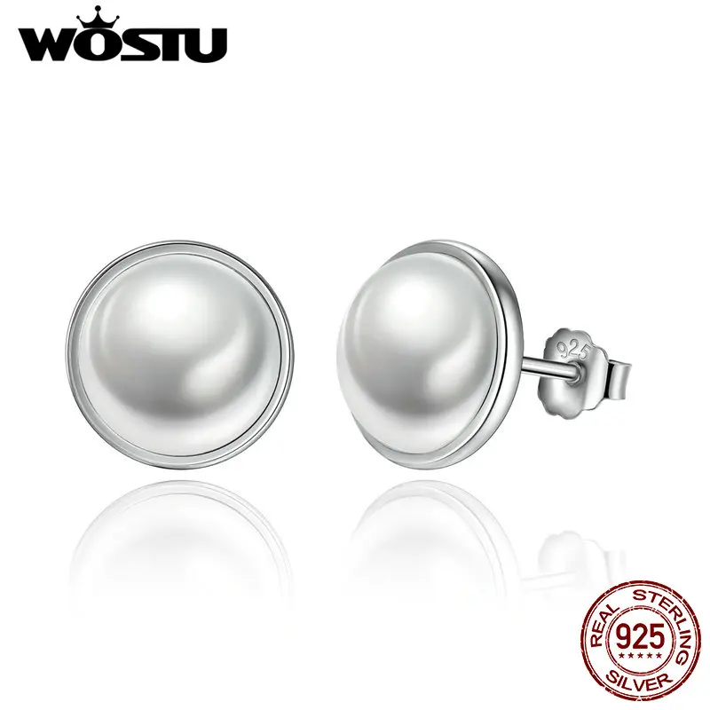 Real 925 Sterling Silver Elegant Beauty Stud Earrings With White Pearl For Women Compatible With  Brand Jewelry S925 Gift