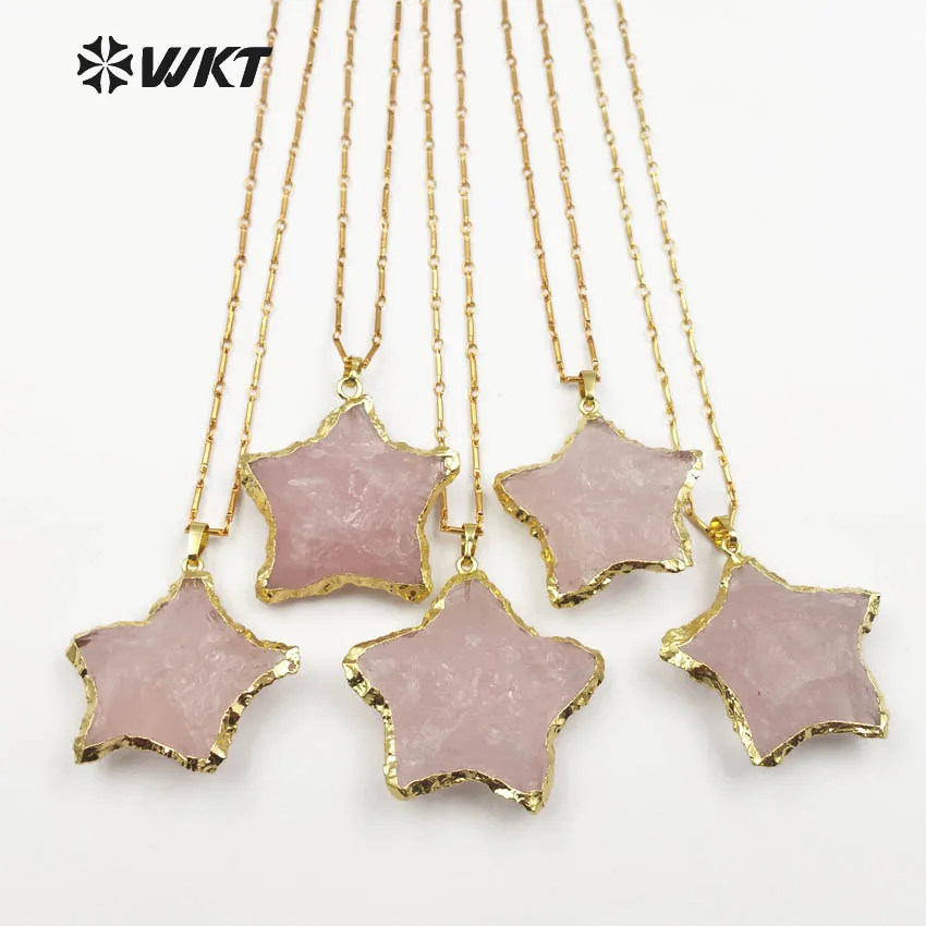 

WT-N1122 Romantic Style Cute Star Shape Pink Quartz With Gold Dipped Around Pendant 18 Inch Necklace Bohemia Gift For Her