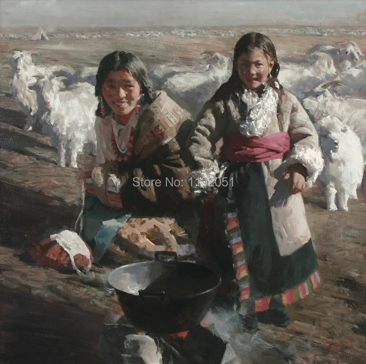 

Китайское впечатление сельская мать и танцовщица перед овцами современное искусство Печать холст Портрет Изобразительное искусство плакаты