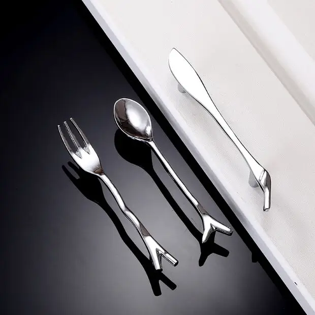 Bright Silver Cartoon Cabinet Handle, Tableware Handle, Spoon, Knife, Fork, Furniture Handle, Super Personality, 12Pcs Lot