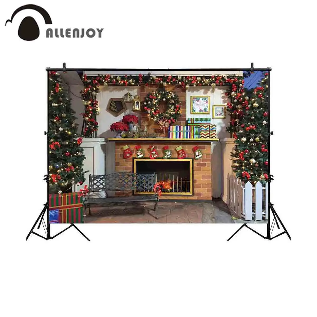 

Allenjoy background for photo studio Christmas fireplace room wreath tree bench photography backdrop photobooth photocall custom