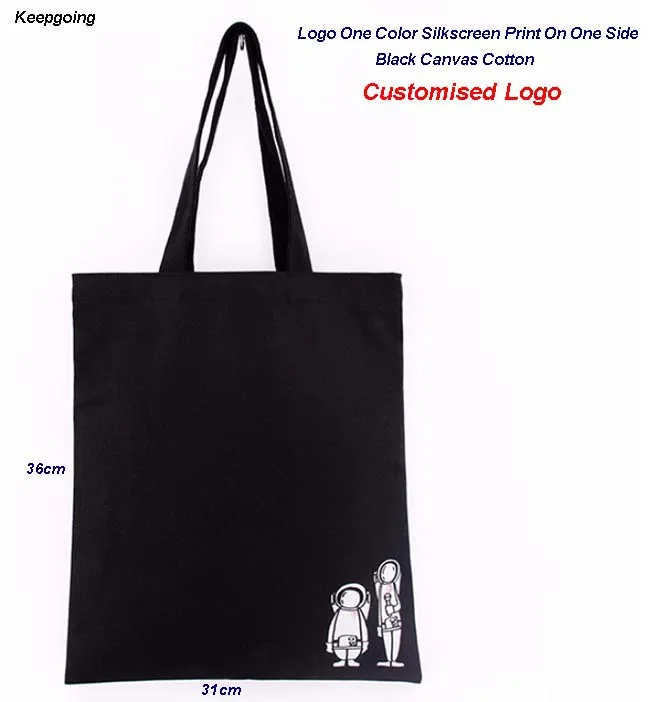 Black 100 pcs/lot Customised Logo Canvas Bag Shopper Bag Custom Washable Plain Tote Bag  Natural Canvas Shopping Bag