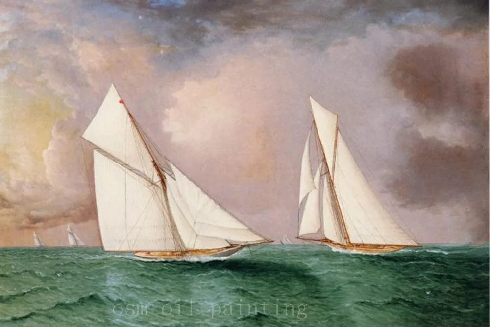 

Handpainting Wall Art Canvas Picture America's Cup Race Oil Painting Handmade the Boats in the Green Sea Canvas Seascape Paints