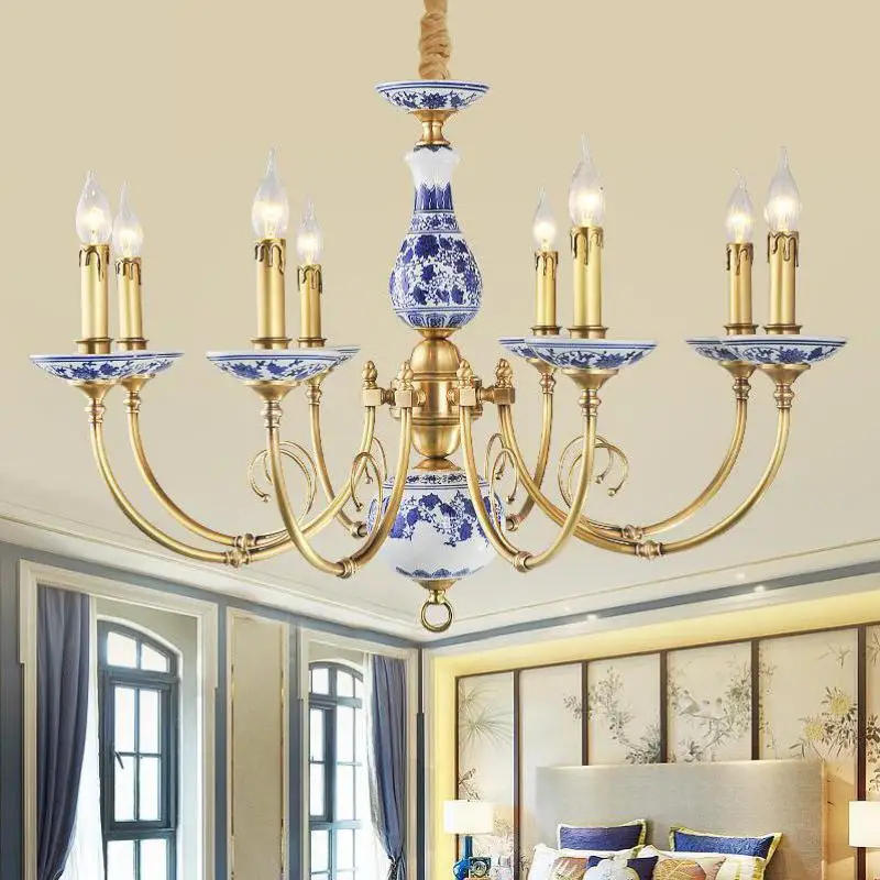 Chinese style large pendant Led Ceramic Chandelier Lamp for foyer dining room hanging Lamp Royal hotel fixture villa hall lamp