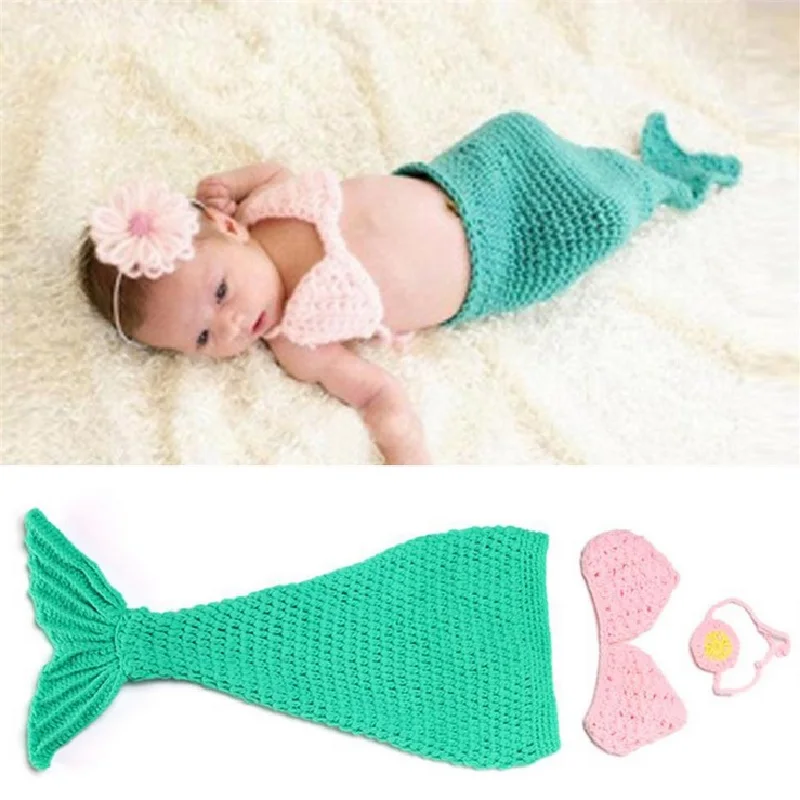 

Green Mermaid Baby Swaddling Receiving Blankets Newborn Photography Props Wool Crochet Girls Clothes Infant Sleeping Bag Bikini