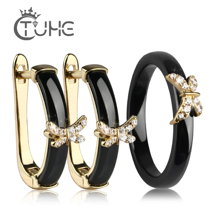 Gold Butterfly Rings and Earrings AAA Rhinestone Healthy Ceramic Jewellery sets Women Mom Gift Jewelry For Wedding Accessories