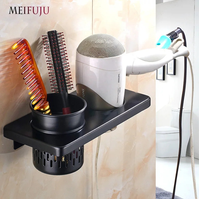 MEIFUJU Antique Hair Dryer Comb Rack Holder Bathroom Storage Organizer Commodity Shelf Bathroom Accessories with Cup Black