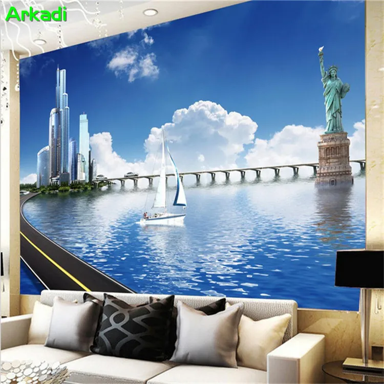 

Modern Simple Cityscape Beach Blue Sky White Cloud Wall Photo Wallpaper 3d Living Room Sofa Background Wall Mural Customization