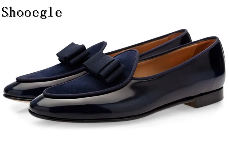 SHOOEGLE Hot Sale Leather and Suede Stitching With Bowtie Men Handmade Shoes Luxurious Flats Men's Banquet Classic Loafers Shoes