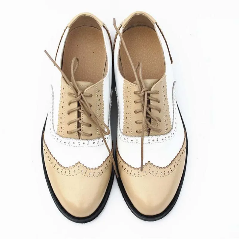 Big Size 34-44 New 2017 Vintage Genuine Leather Flats Womens Spring Autumn Lace Up Casual Thick Heel Brogues Shoe Woman Oxfords