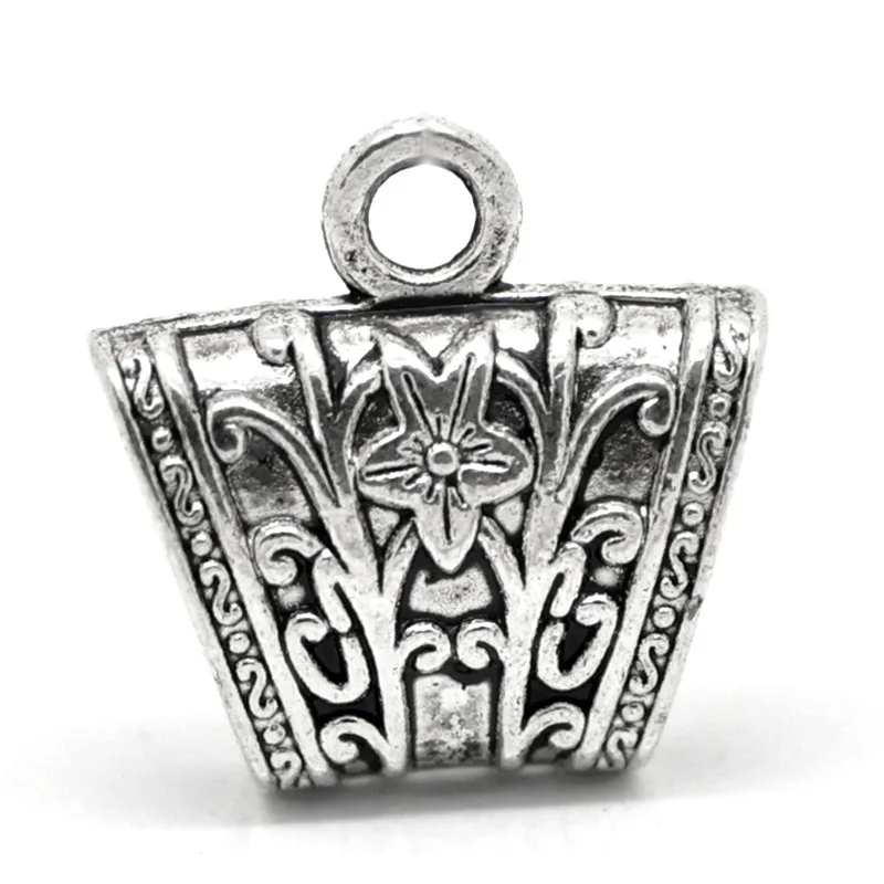 50Pcs Silver Tone Flower Floral Carved Bail Beads For Wrap Scarf Jewelry Finding 23x23mm
