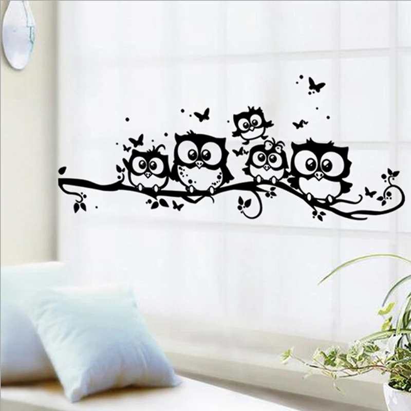 Cartoon Cute Owl On Tree Wall Sticker Living Room Background Animals Art Decals For Kids Room Decorations Removable Stickers